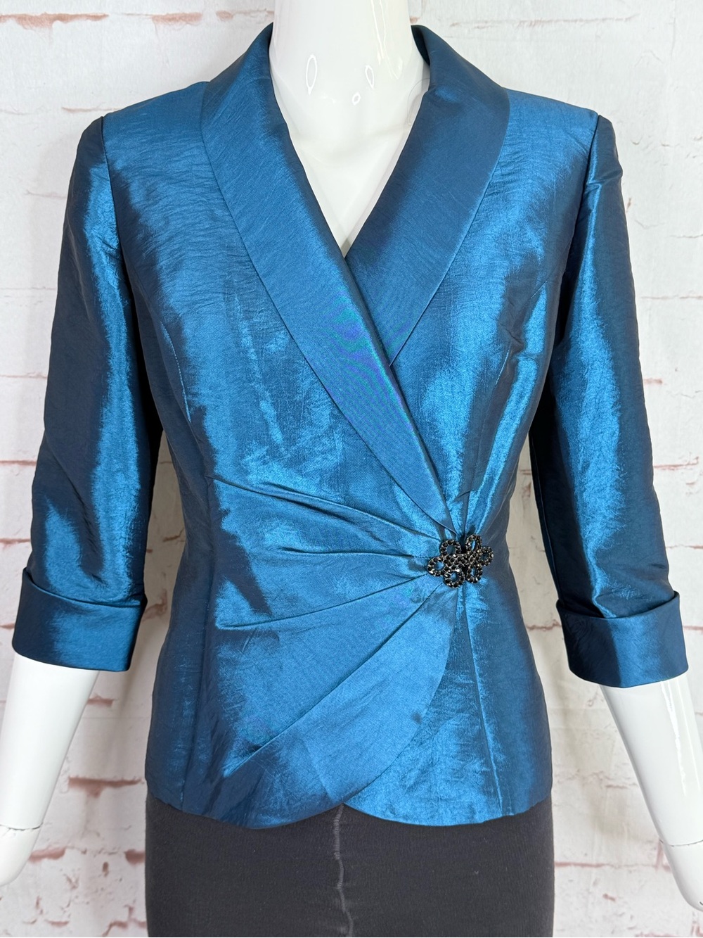 ALEX EVENINGS Petite SP Teal Blue Taffeta 3/4 Sleeve Faux Wrap Cocktail Jacket